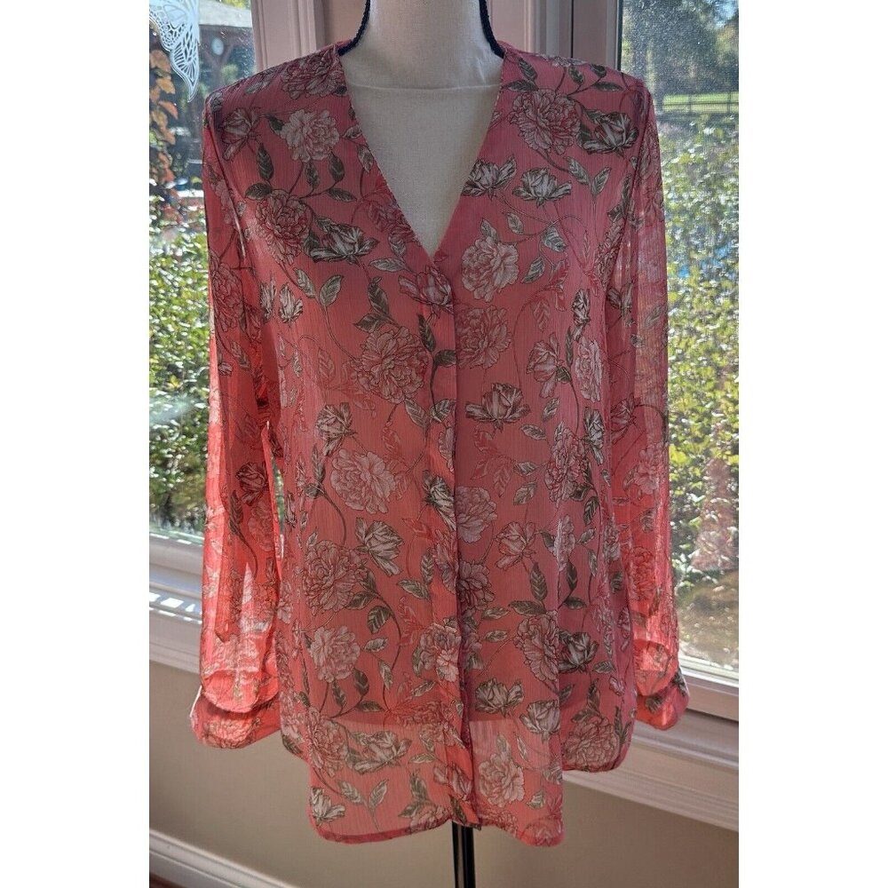 Kut From the Kloth Sheer‎ Floral Blouse Womens L Coral Peony Roll Tab Sleeves